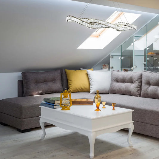 Elegant DNA-inspired crystal chandelier in a chic dining room, featuring a warm copper finish that complements modern decor.159-18159