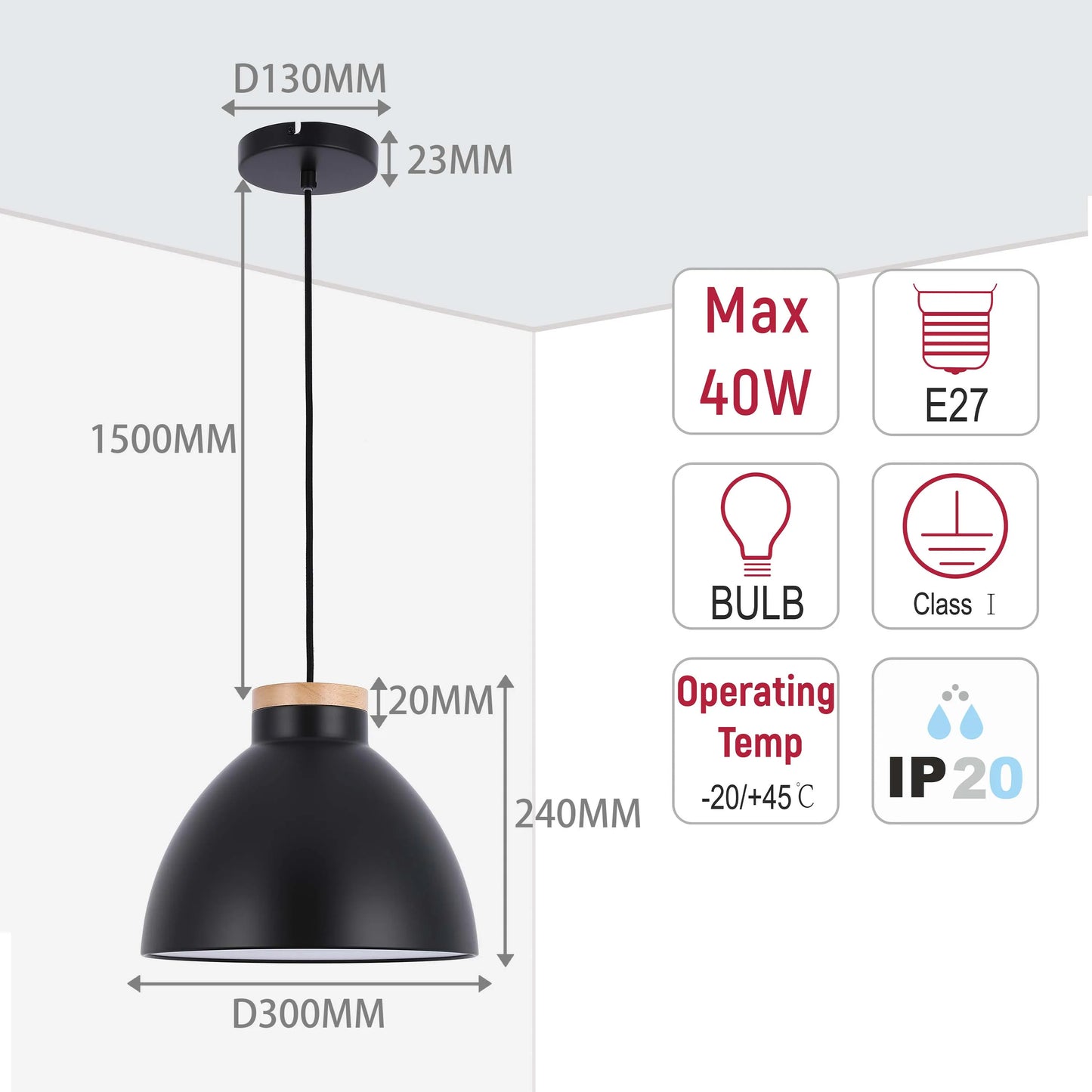 Lámpara colgante tipo cúpula con detalle en madera – Casquillo E27, máximo 40W, IP20