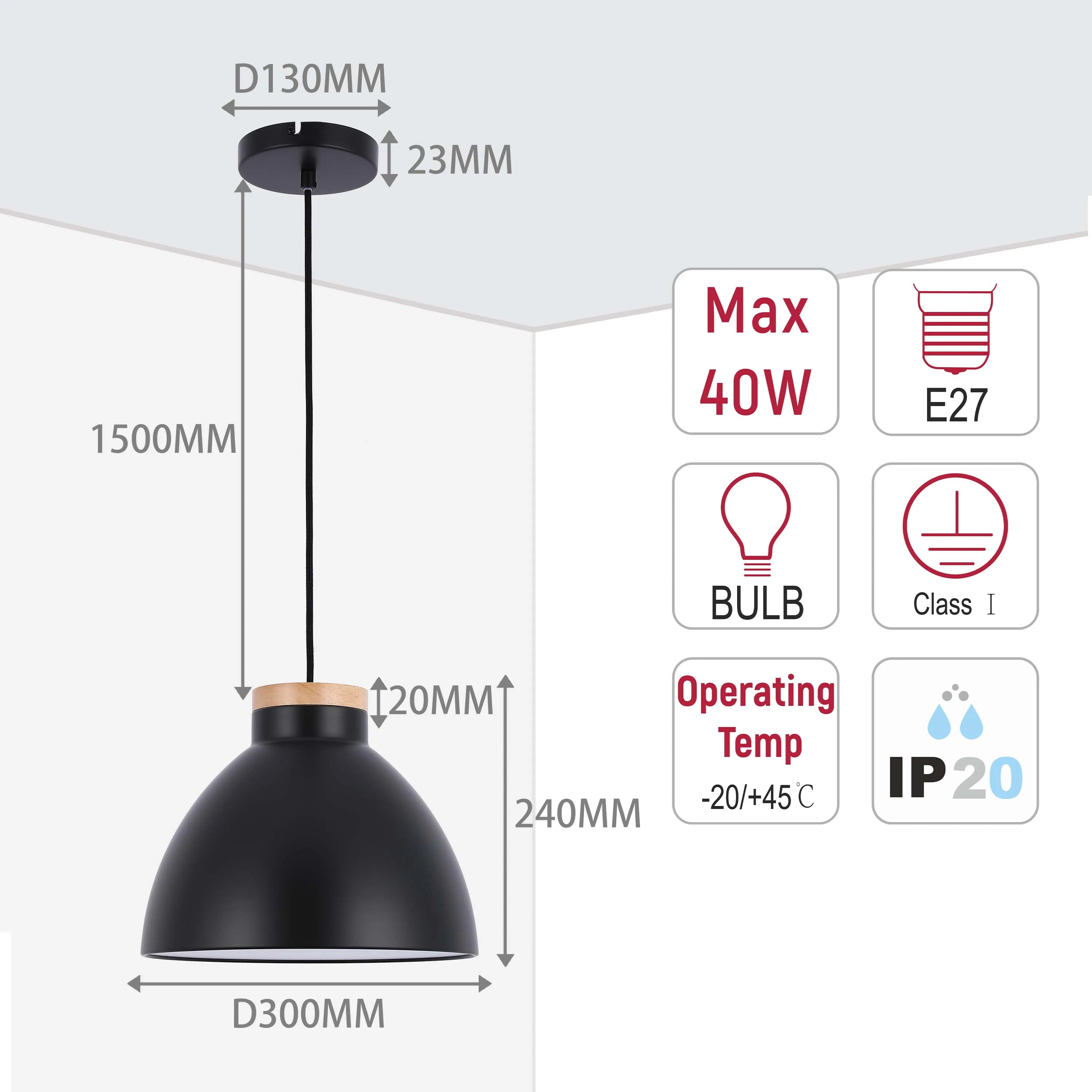 Lámpara colgante tipo cúpula con detalle en madera – Casquillo E27, máximo 40W, IP20
