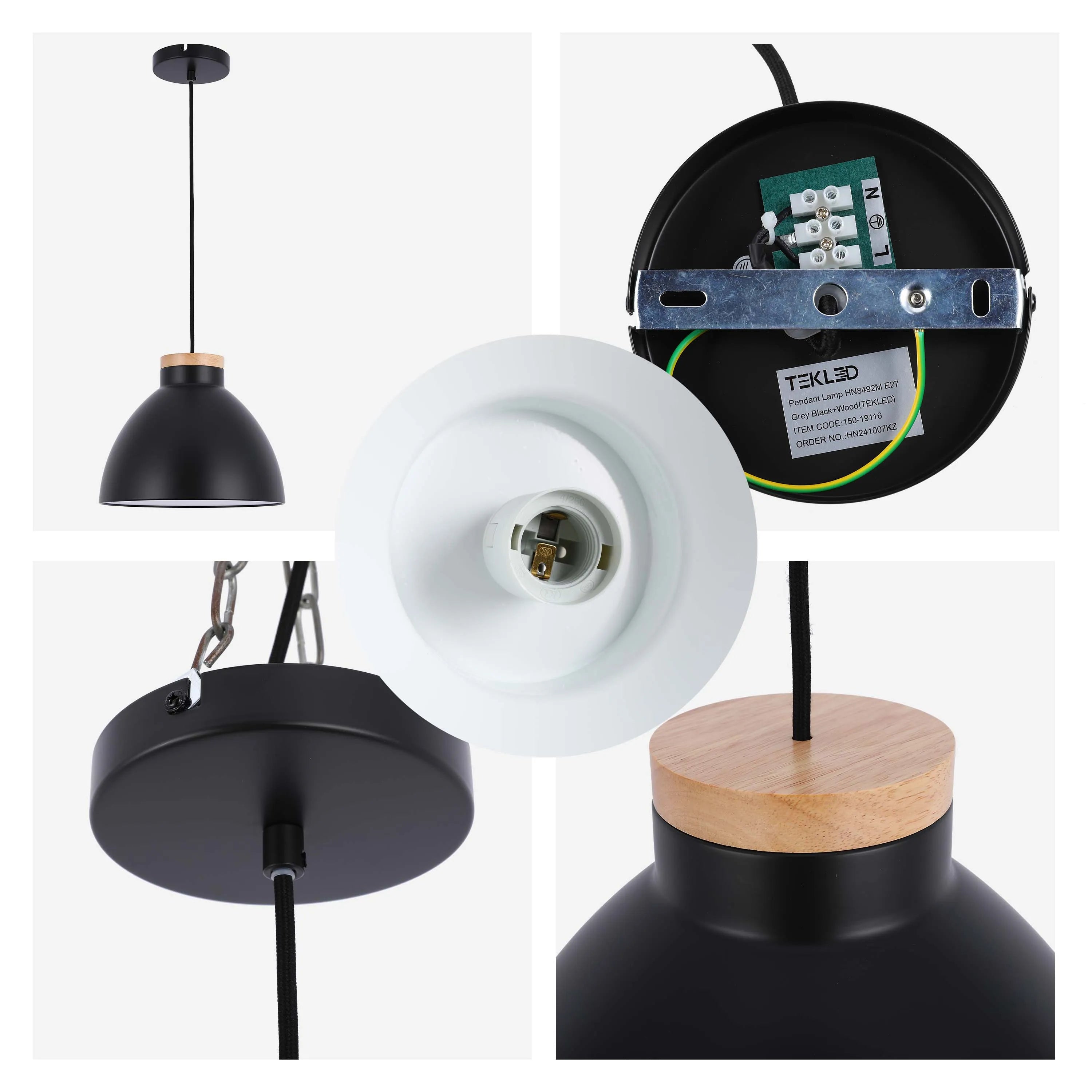 Lámpara colgante tipo cúpula con detalle en madera – Casquillo E27, máximo 40W, IP20