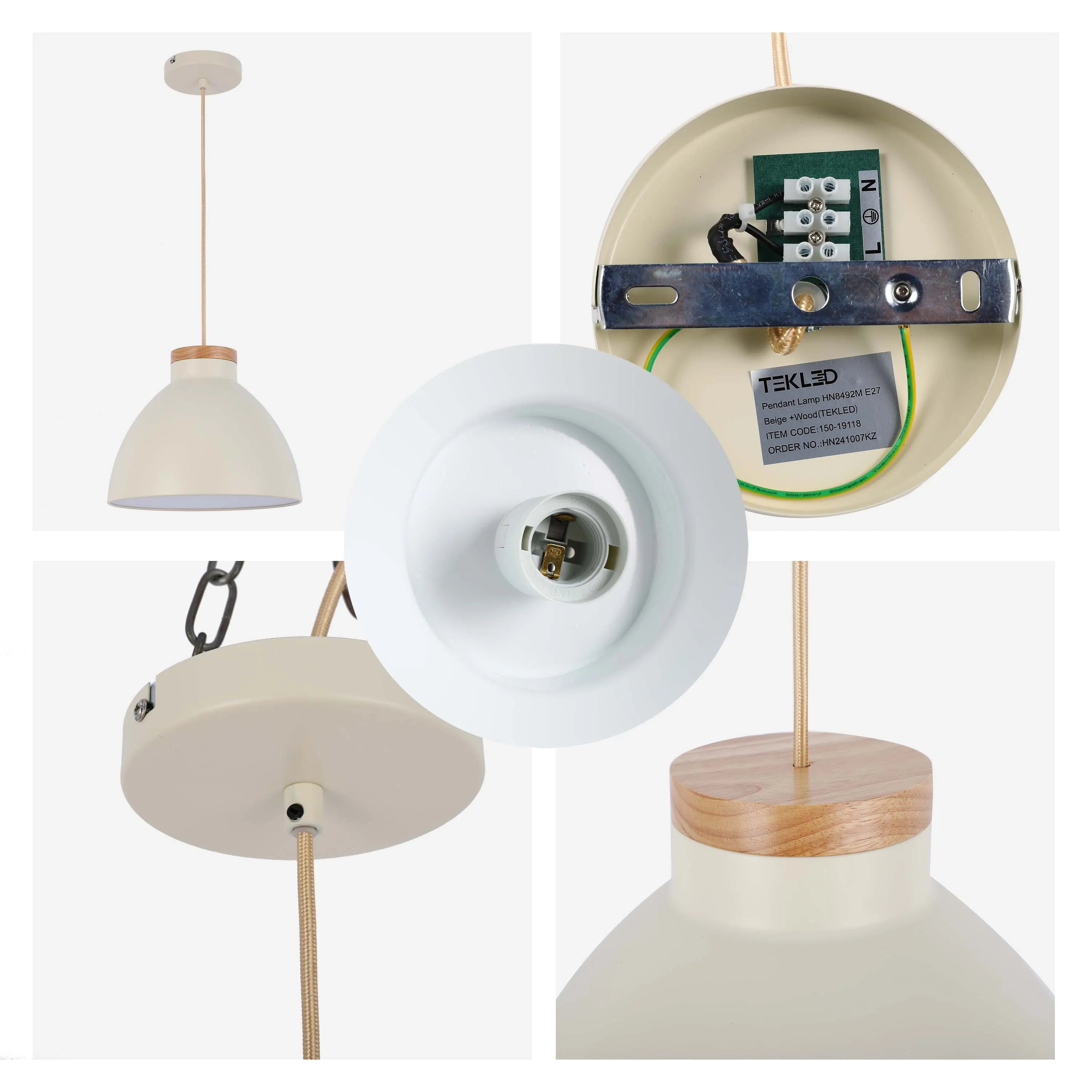 Lámpara colgante tipo cúpula con detalle en madera – Casquillo E27, máximo 40W, IP20