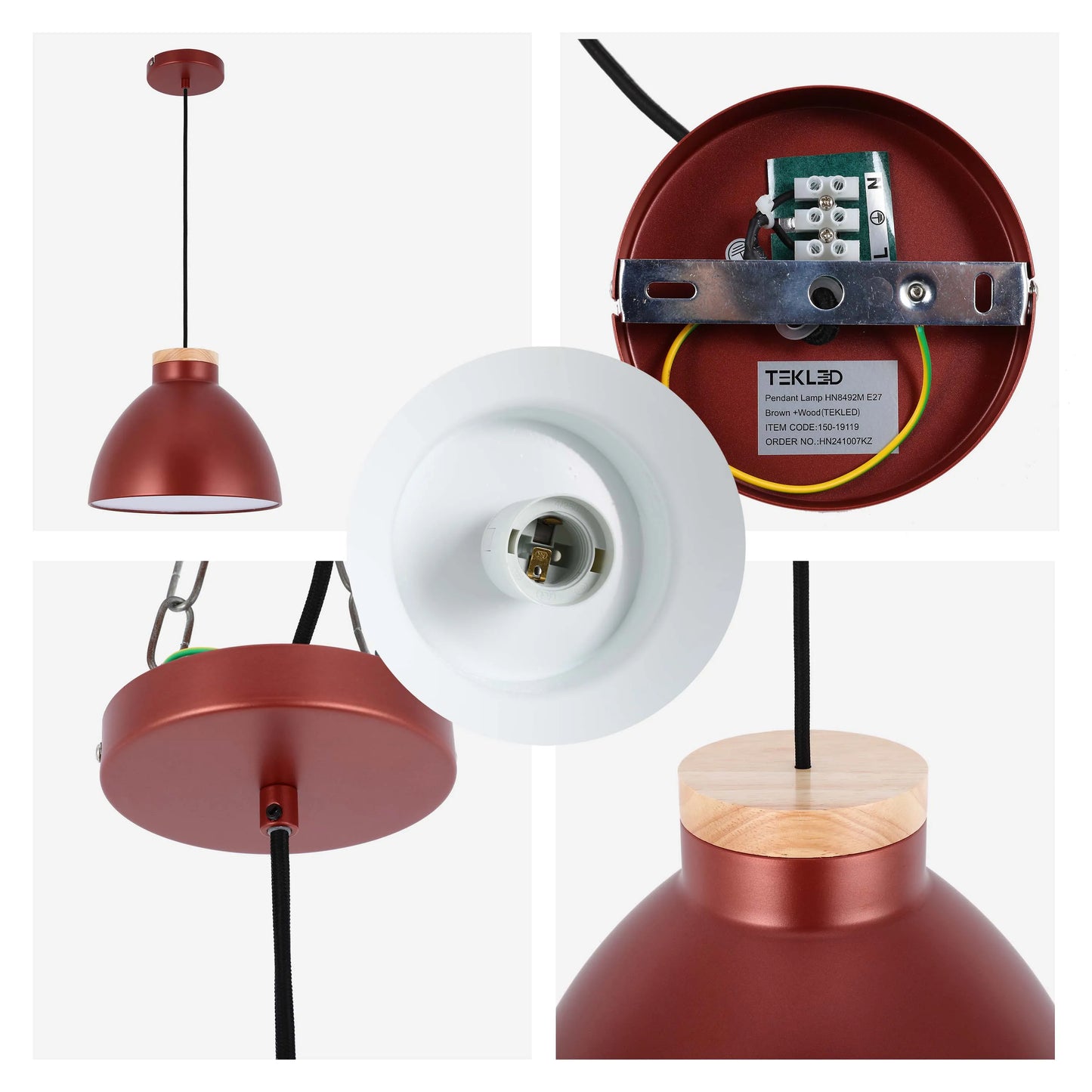 Lámpara colgante tipo cúpula con detalle en madera – Casquillo E27, máximo 40W, IP20