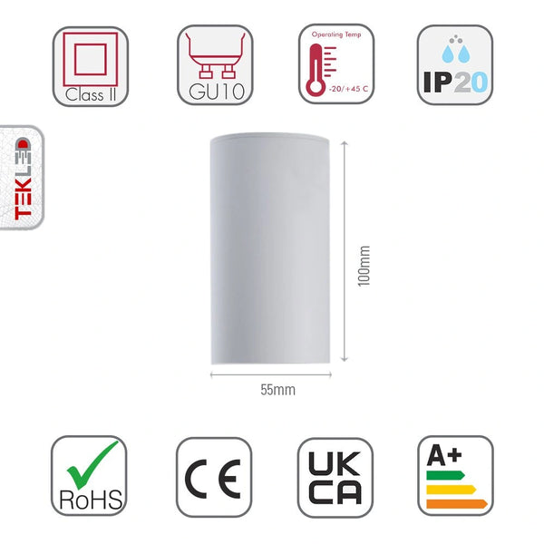 Size and specs of Cyclinder Downlight White Surface Mount with GU10 Fitting | TEKLED 172-03022