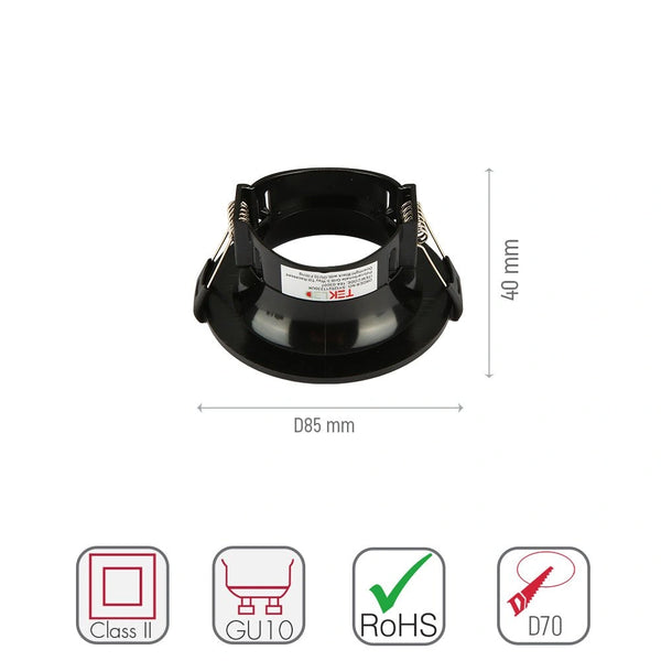 Size and specs of Round Anti Glare Polycarbonate Recessed Downlight GU10 White or Black | TEKLED 164-03007