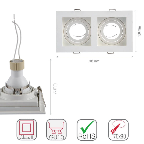 Size and specs of Grille Recessed Tilt Downlight White with 2xGU10 Fitting | TEKLED 165-03874
