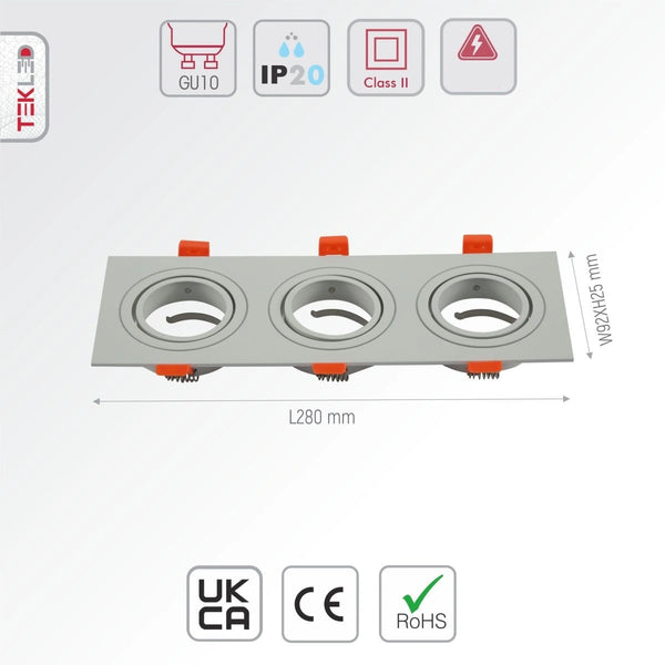 Size and specs of Rectangle Recessed Tilt Downlight White with 3xGU10 Fitting | TEKLED 165-03888