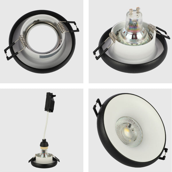 Primer plano de un downlight empotrable de aluminio con acento colorido, ideal para salas de estar con decoración moderna.