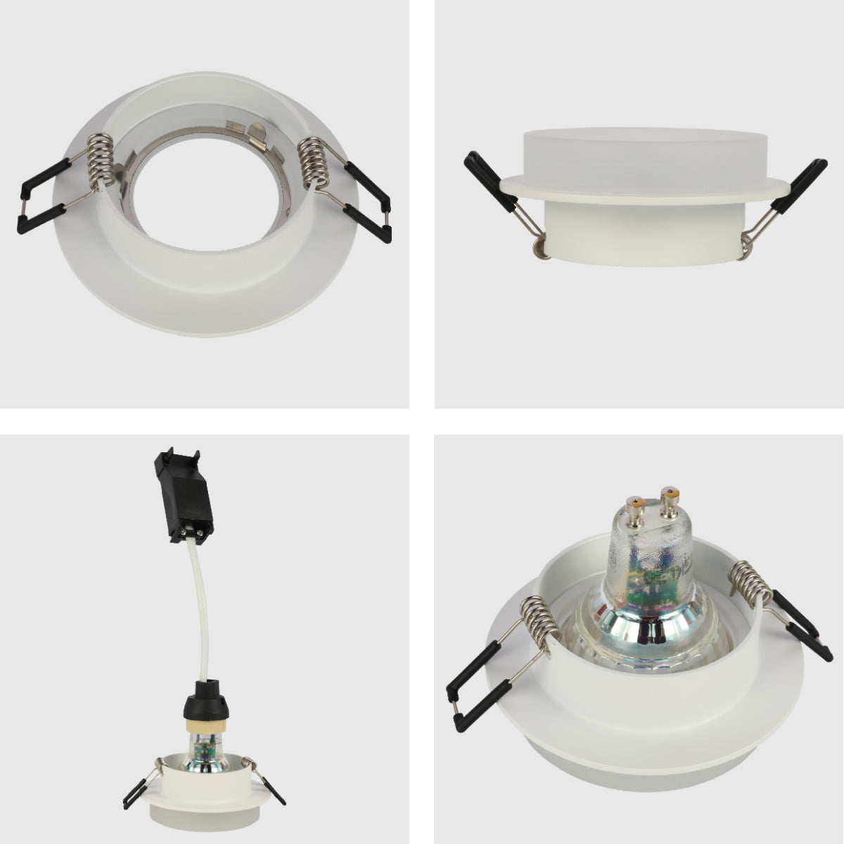 Close-up de un downlight fijo de aluminio con difusor acrílico opalino, ideal para oficinas con estilo moderno y espacios minimalistas.
