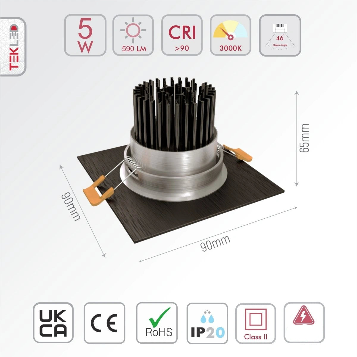 Technical specs and measurements for LED Recessed Downlight 5W Warm White 3000K Black IP20