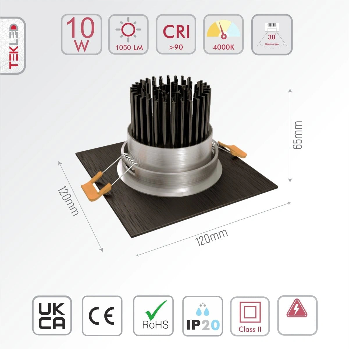 Technical specs and measurements for LED Recessed Downlight 10W Cool White 4000K Black IP20