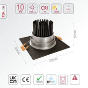 Technical specs and measurements for LED Recessed Downlight 10W Cool White 4000K Black IP20