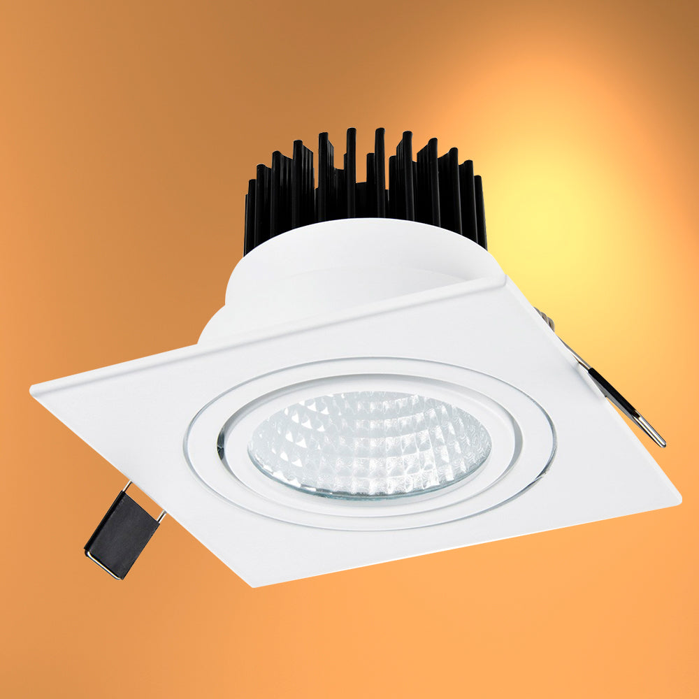 Downlight empotrado LED de 10W, ideal para espacios modernos, iluminación cálida de 3000K, adecuado para salas de estar y oficinas.