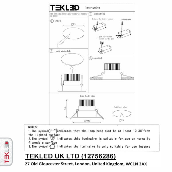 User manual for LED Recessed Downlight 5W Warm White 3000K White IP20