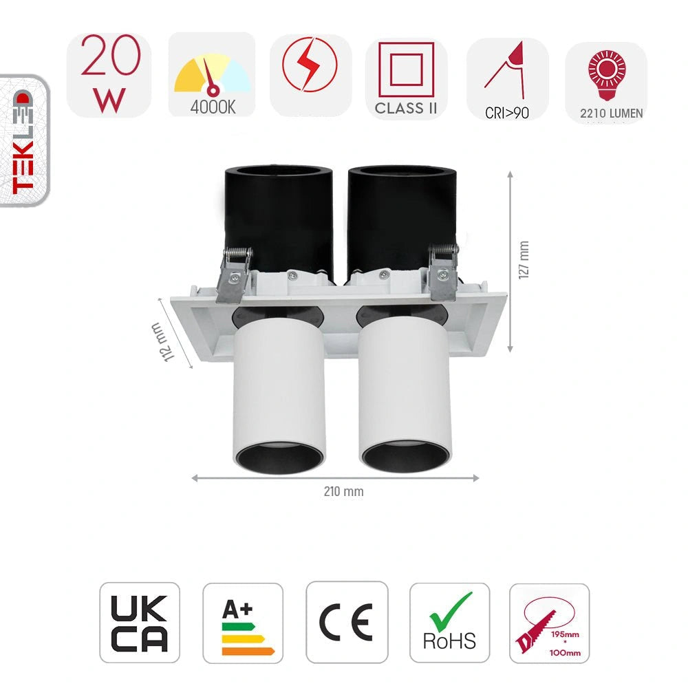 Size and specs of Telescopic Swivel Adjustable In-Out LED Downlight 2X10W Cool White 4000K White | TEKLED 165-03942