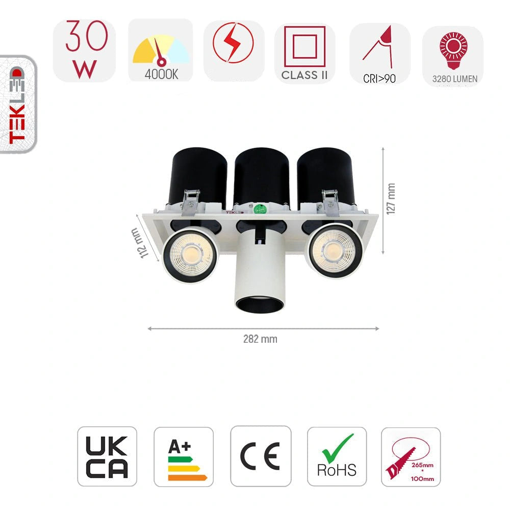 Size and specs of Telescopic Swivel Adjustable In-Out LED Downlight 3X10W Cool White 4000K White | TEKLED 165-03946