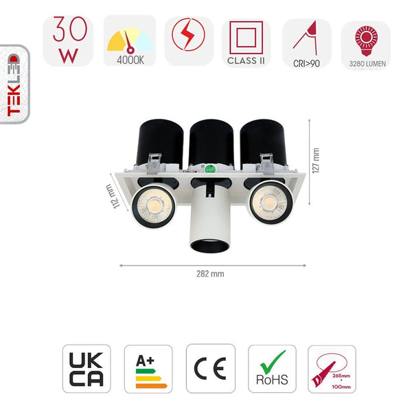 Size and specs of Telescopic Swivel Adjustable In-Out LED Downlight 3X10W Cool White 4000K White | TEKLED 165-03946