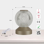 Lámpara LED esférica recargable, ideal para mesas de noche modernas y decoraciones contemporáneas.