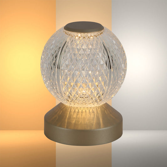 Lámpara LED esférica recargable, perfecta para espacios contemporáneos y ambientes acogedores. Ideal para mesas de noche o salas.