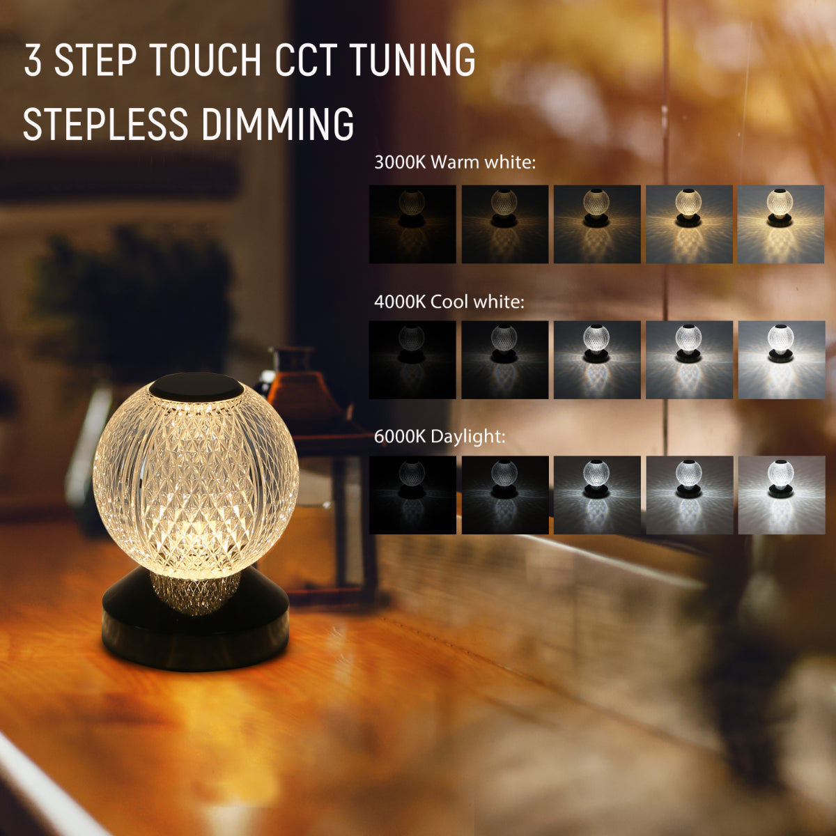 Lámpara LED esférica recargable táctil, ideal para habitaciones modernas y acogedoras, proporcionando una iluminación suave y versátil.