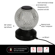 Dibujo técnico de lámpara esférica LED recargable, ideal para decoraciones modernas en salas o dormitorios.