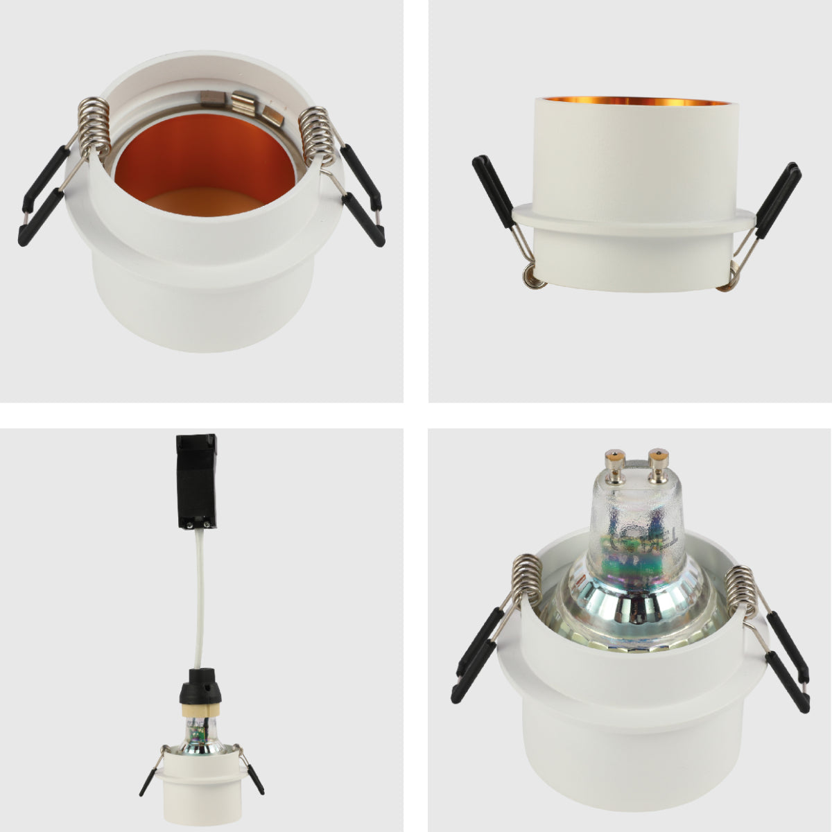 Cerca de un downlight fijo de aluminio con acentos en cobre, ideal para oficinas con decoración industrial moderna.