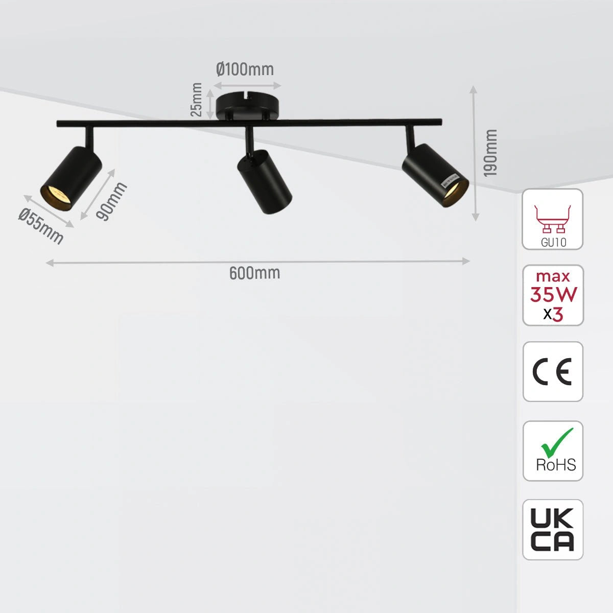 Size and specs of 3 Way Cylinder Rod Spotlight with GU10 Fitting Black | TEKLED 172-03052
