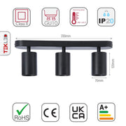 Size and specs of 3-way Spotlight Black Linear Canopy  with GU10 Fitting | TEKLED 172-03032