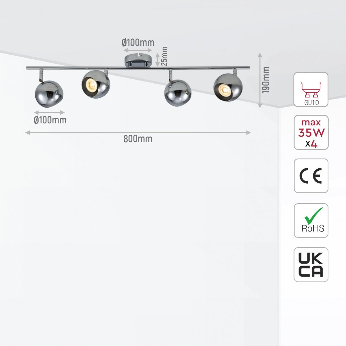 Size and specs of 4 Way Sphere Rod Spotlight Chrome with GU10 Fitting | TEKLED 172-03116