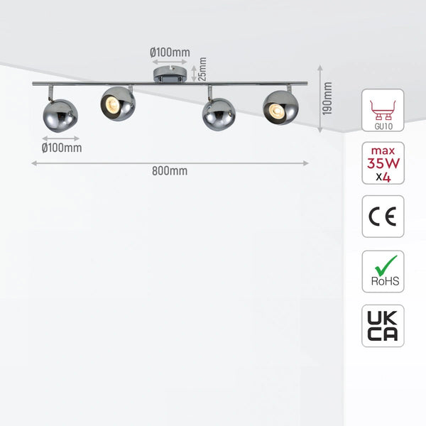 Size and specs of 4 Way Sphere Rod Spotlight Chrome with GU10 Fitting | TEKLED 172-03116