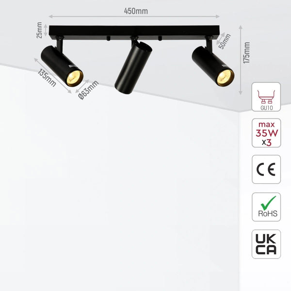 Size and specs of 3 Way Virmo Long Rod Spotlight with GU10 Fitting Black | TEKLED 172-03092