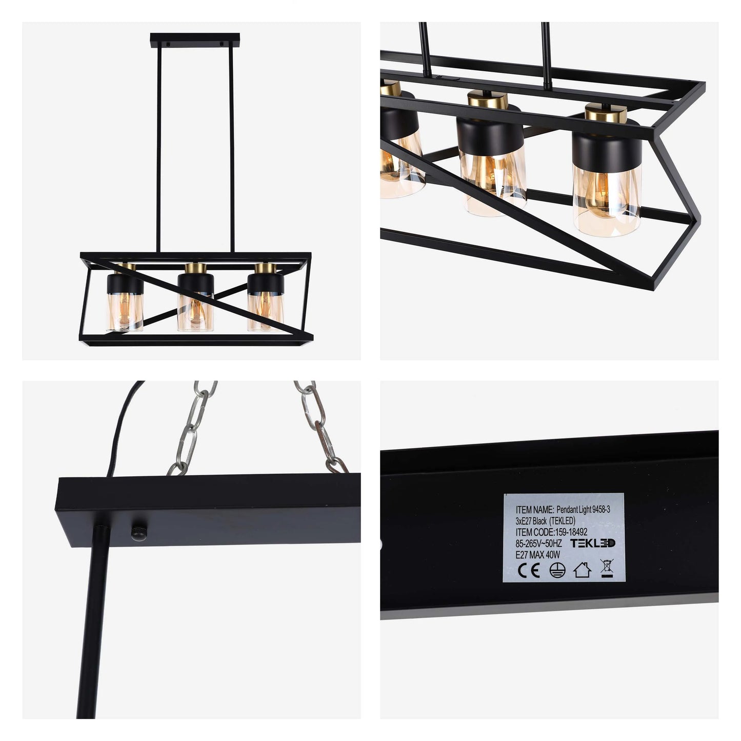 Lámpara de Techo Colgante Geométrica Negra y Dorada de 3 o 5 Luces