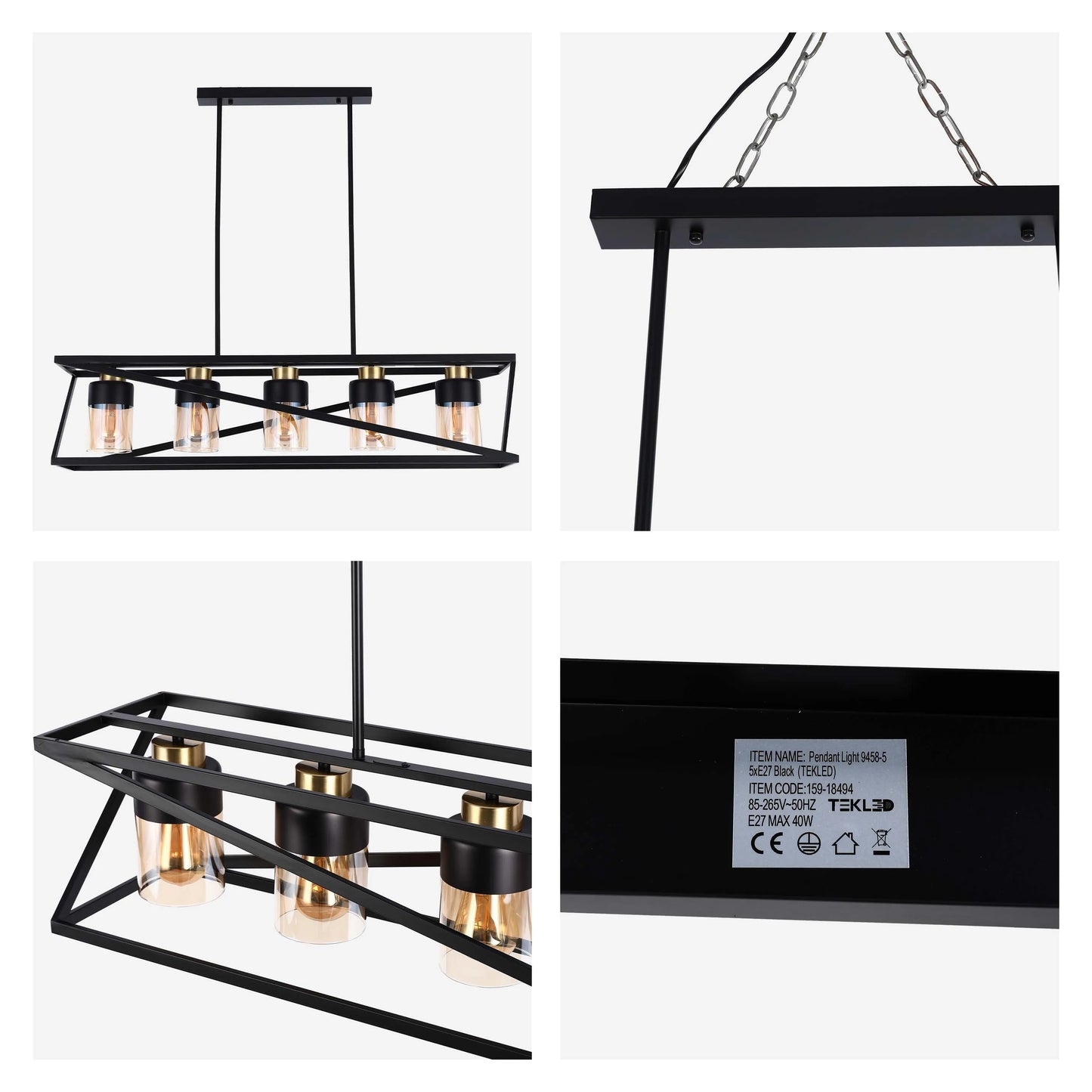 Lámpara de Techo Colgante Geométrica Negra y Dorada de 3 o 5 Luces