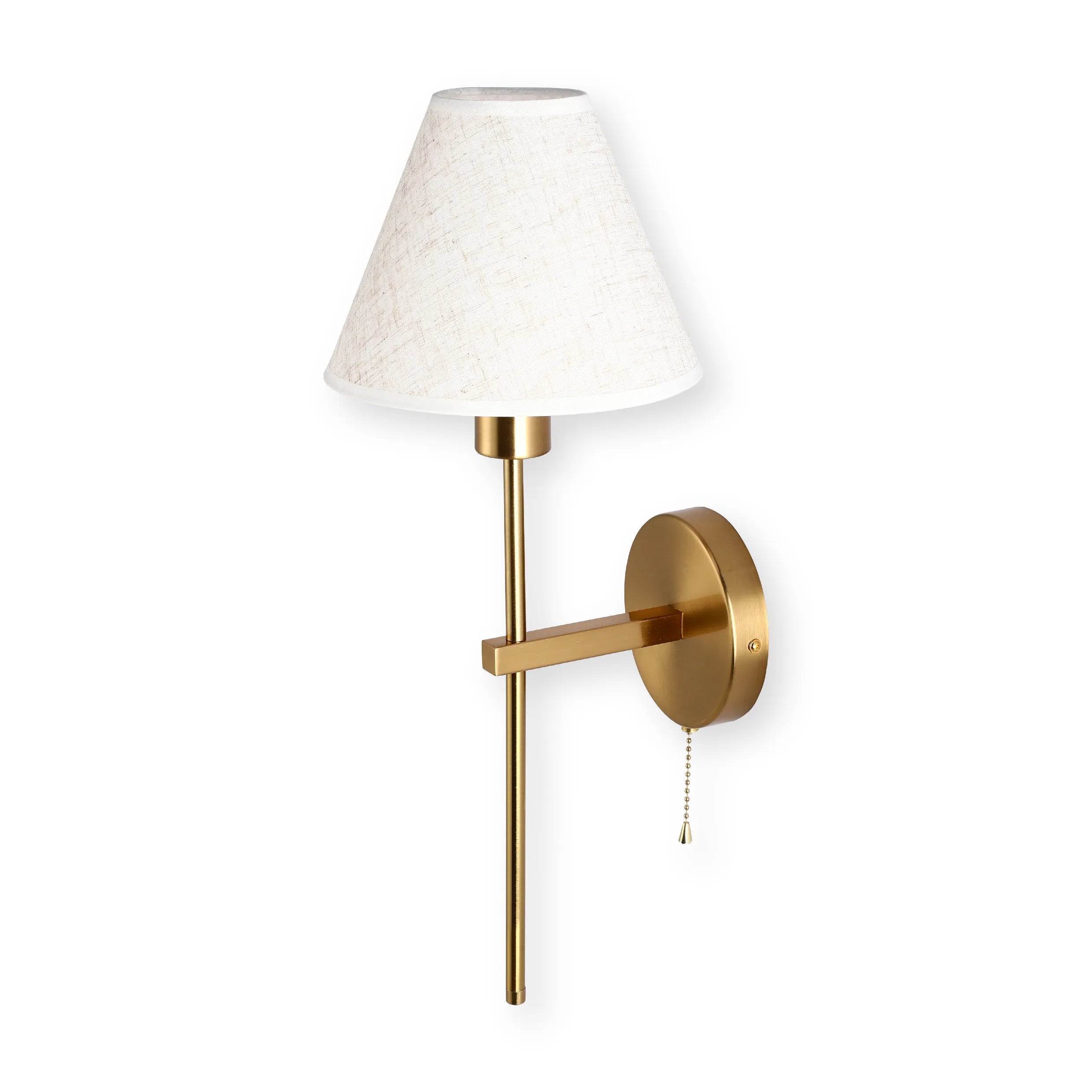 Lámpara de pared cónica dorada con crema y negro, con cadena de tiro