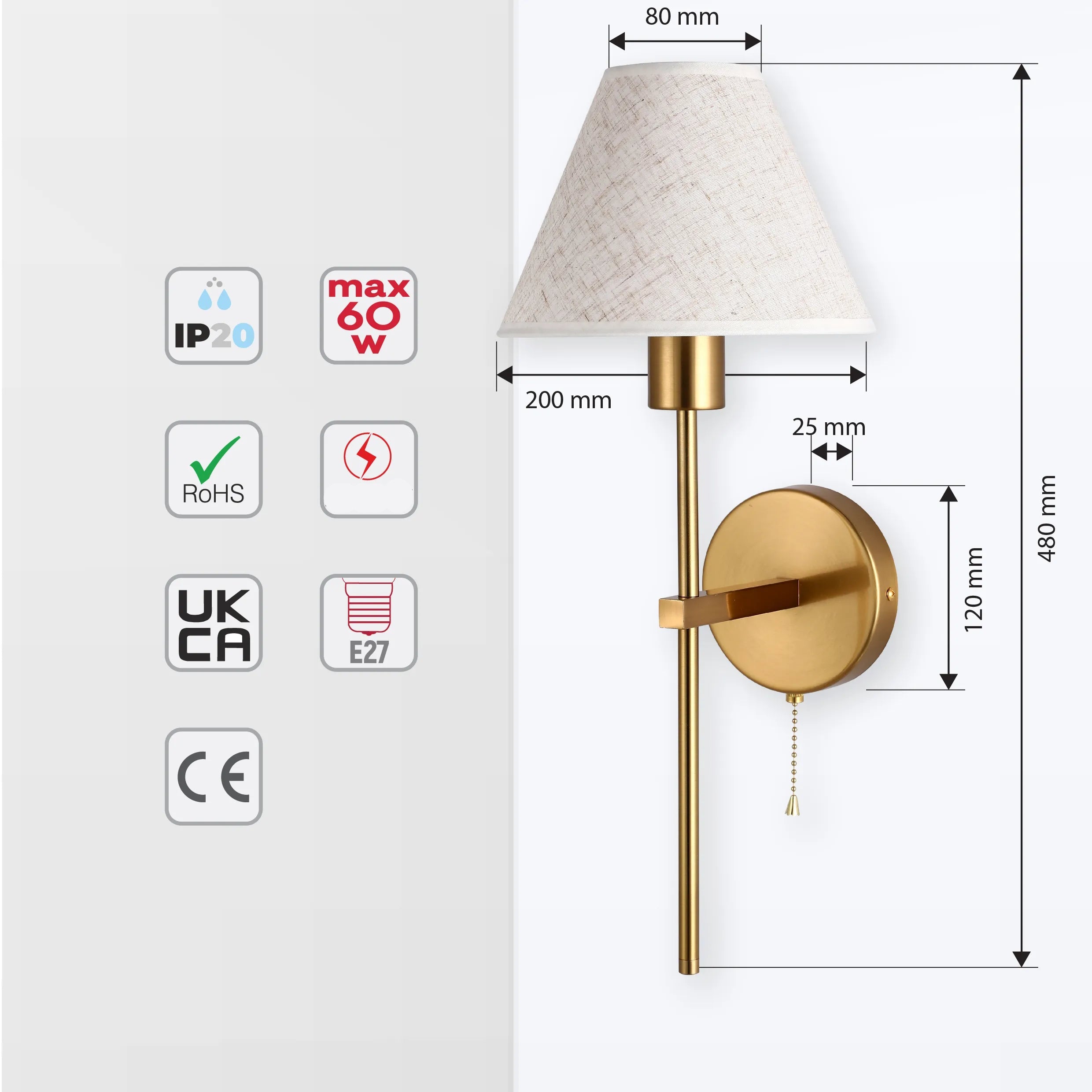 Lámpara de pared cónica dorada con crema y negro, con cadena de tiro