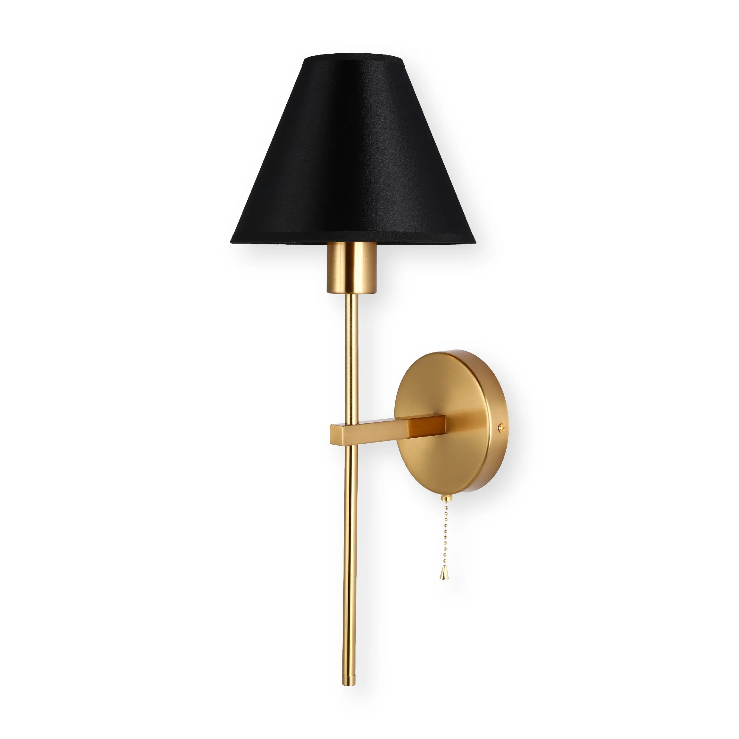 Lámpara de pared cónica dorada con crema y negro, con cadena de tiro