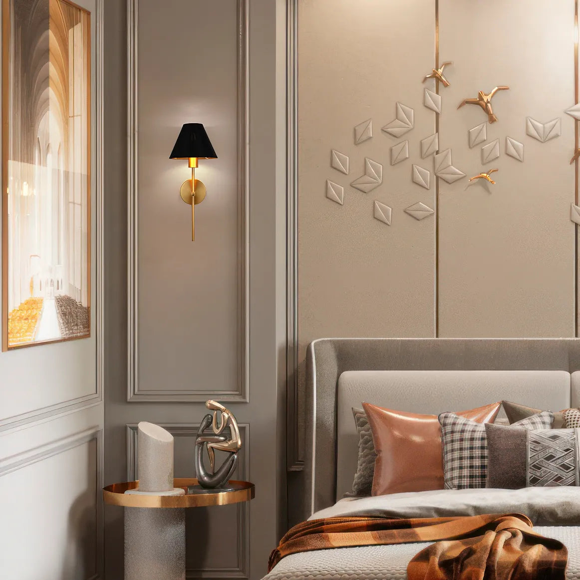 Lámpara de pared cónica dorada con crema y negro, con cadena de tiro
