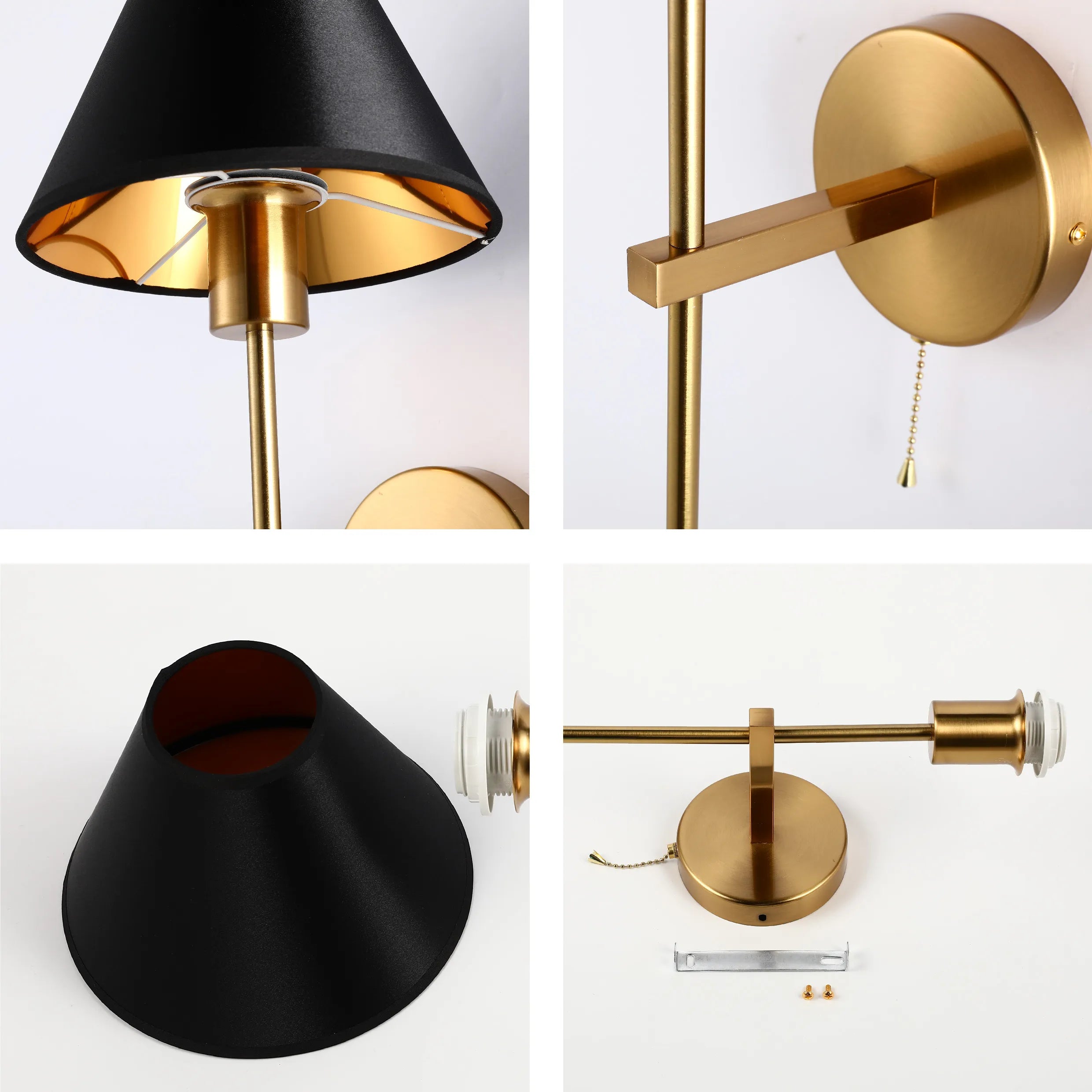 Lámpara de pared cónica dorada con crema y negro, con cadena de tiro