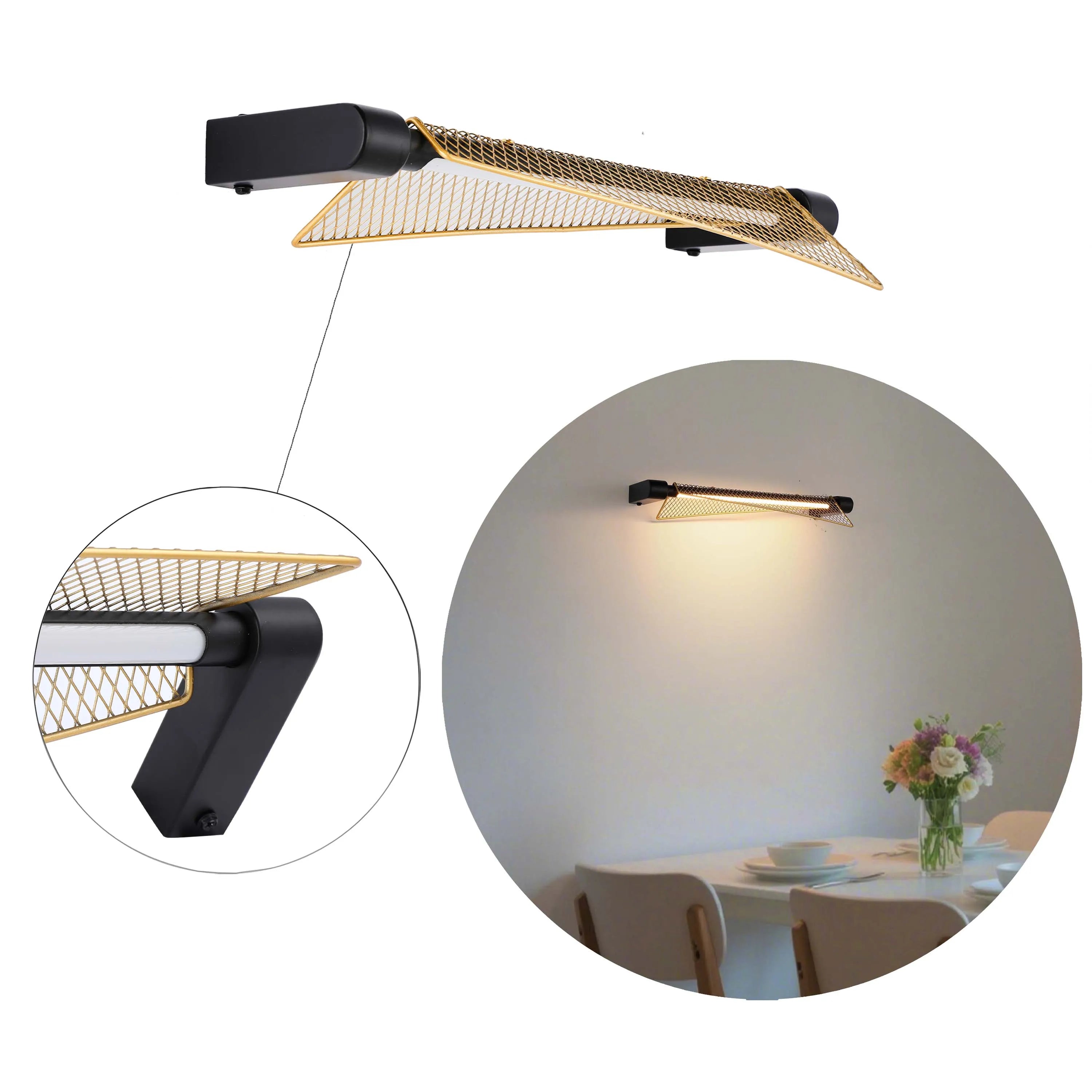 Lámpara de pared dorada con diseño cruzado – 390 mm de ancho, LED integrado de 6W, 3000K luz blanca cálida
