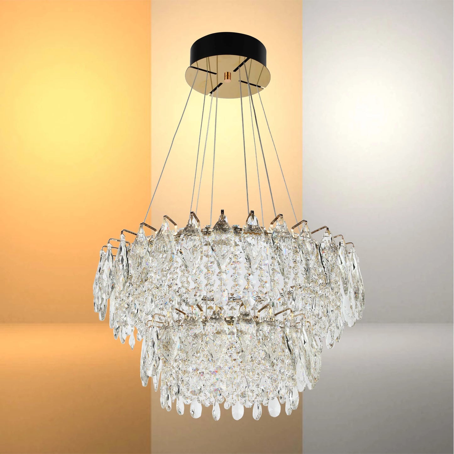 Candelabro de cristal dorado - Diseño circular u ovalado, LED SMD regulable con 3CCT, suspensión ajustable