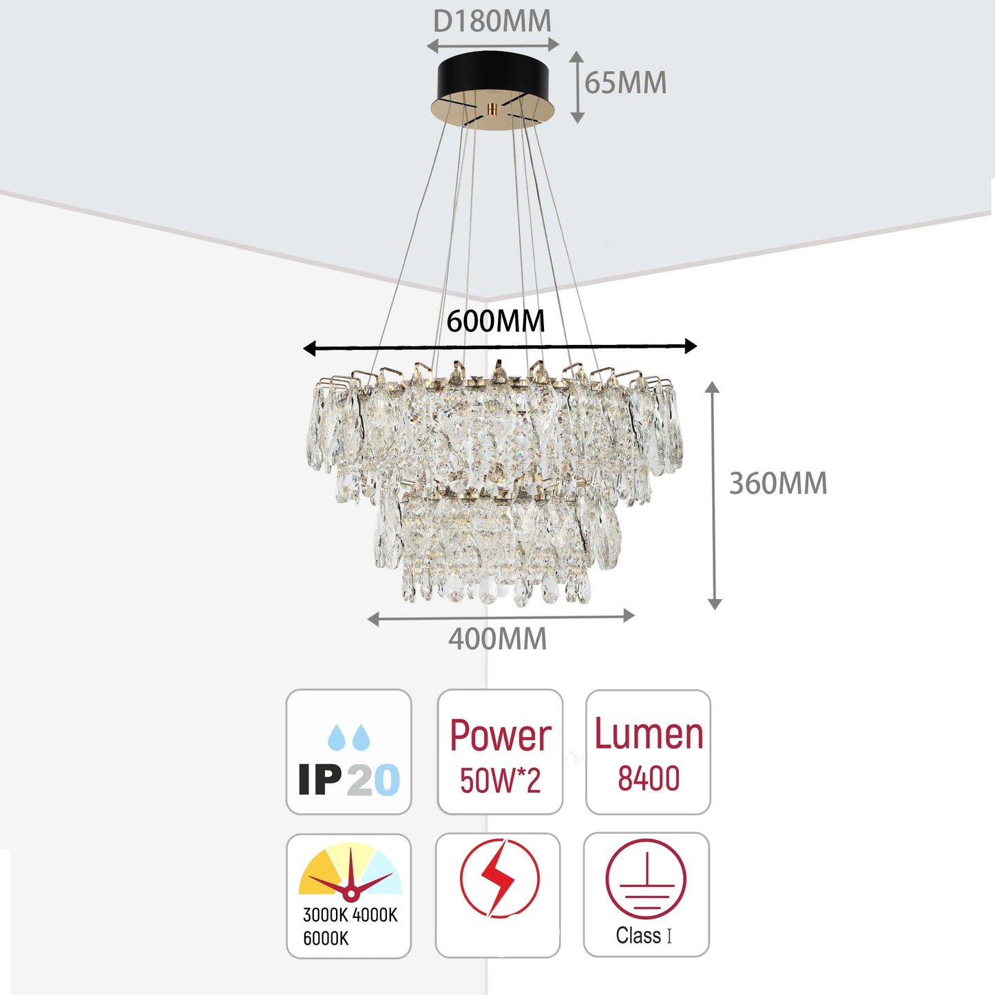 Candelabro de cristal dorado - Diseño circular u ovalado, LED SMD regulable con 3CCT, suspensión ajustable