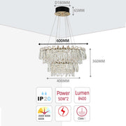 Candelabro de cristal dorado - Diseño circular u ovalado, LED SMD regulable con 3CCT, suspensión ajustable
