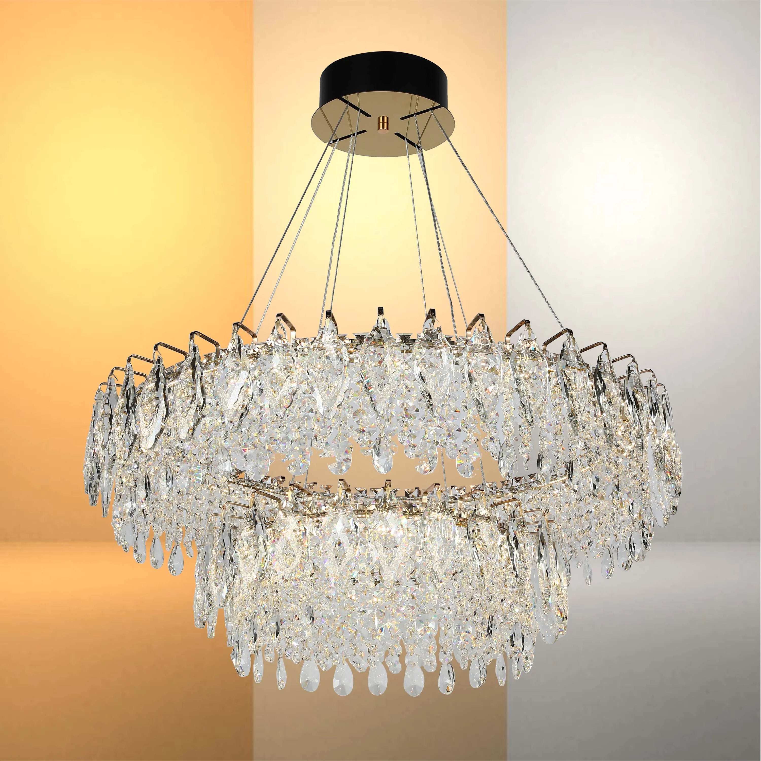 Candelabro de cristal dorado - Diseño circular u ovalado, LED SMD regulable con 3CCT, suspensión ajustable