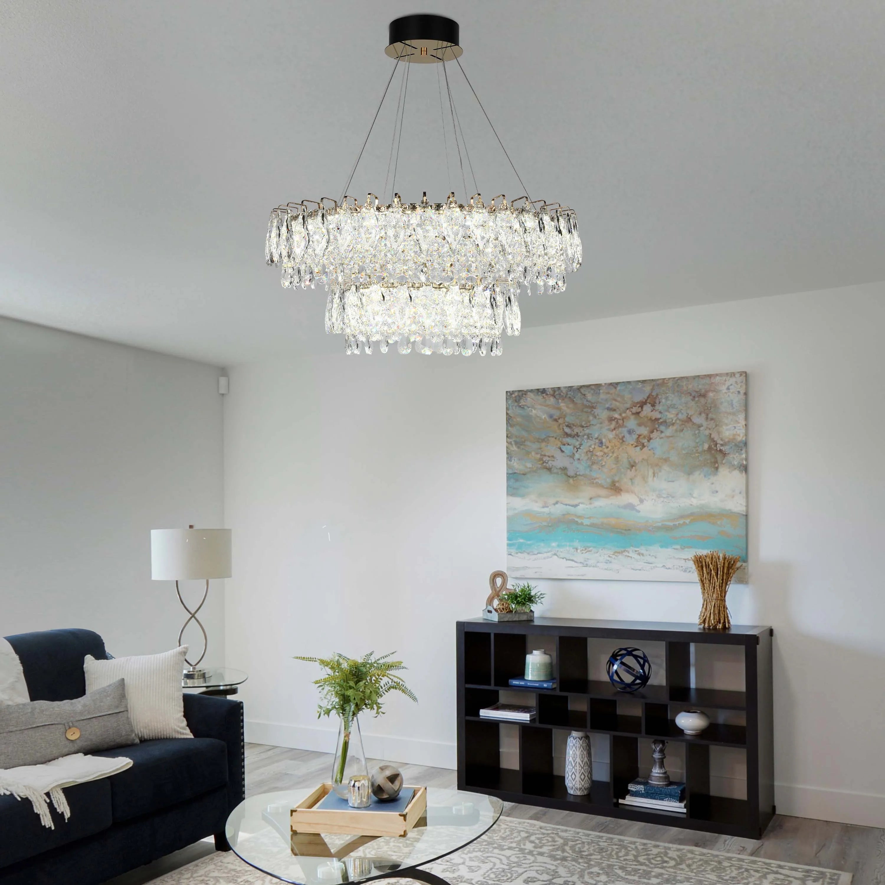 Candelabro de cristal dorado - Diseño circular u ovalado, LED SMD regulable con 3CCT, suspensión ajustable