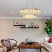 Candelabro de cristal dorado - Diseño circular u ovalado, LED SMD regulable con 3CCT, suspensión ajustable