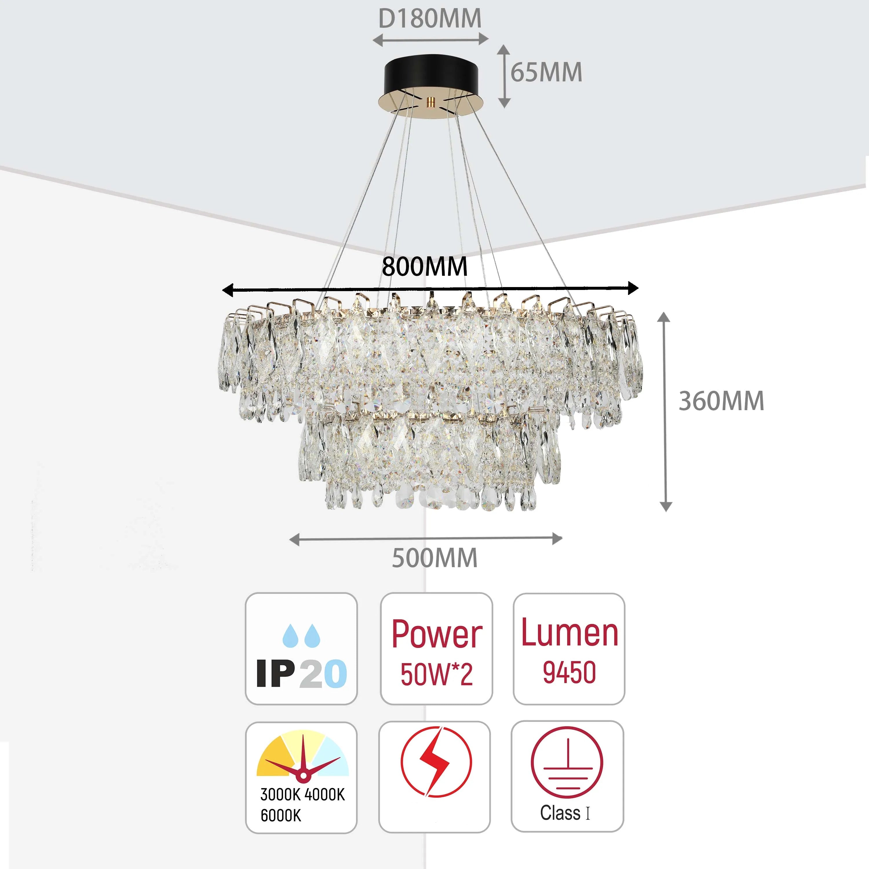 Candelabro de cristal dorado - Diseño circular u ovalado, LED SMD regulable con 3CCT, suspensión ajustable