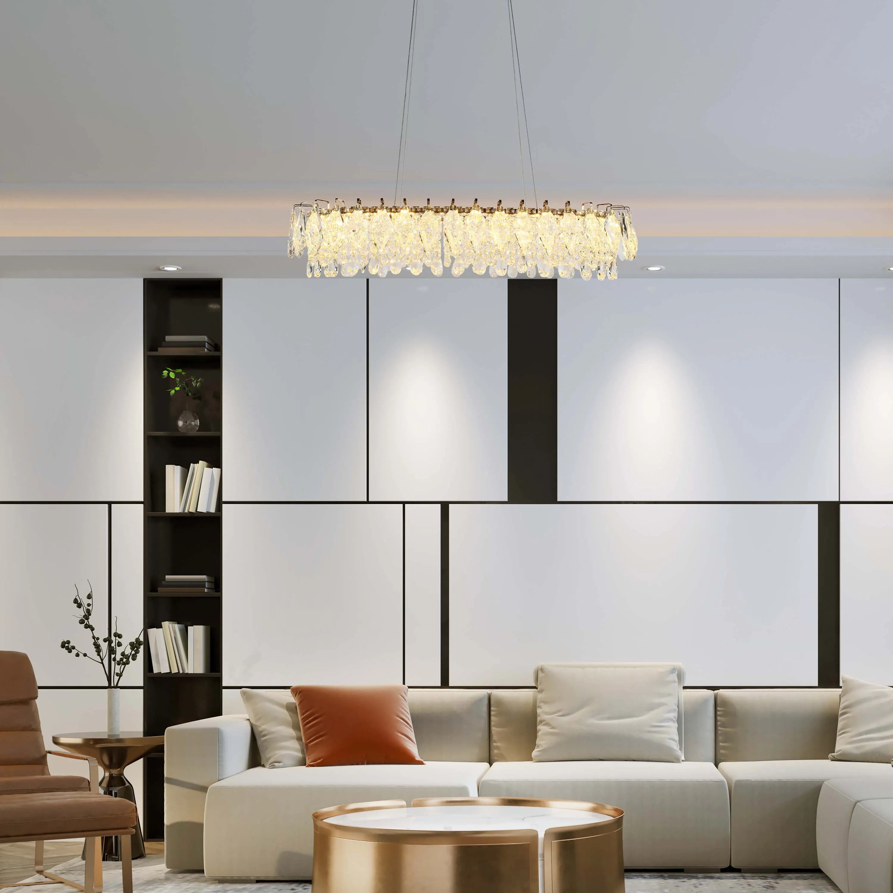 Candelabro de cristal dorado - Diseño circular u ovalado, LED SMD regulable con 3CCT, suspensión ajustable