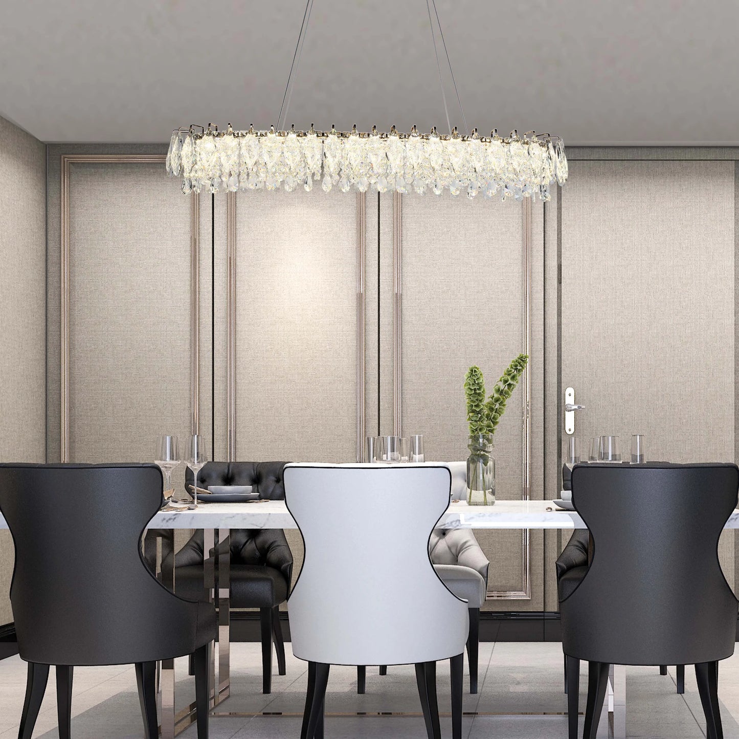 Candelabro de cristal dorado - Diseño circular u ovalado, LED SMD regulable con 3CCT, suspensión ajustable