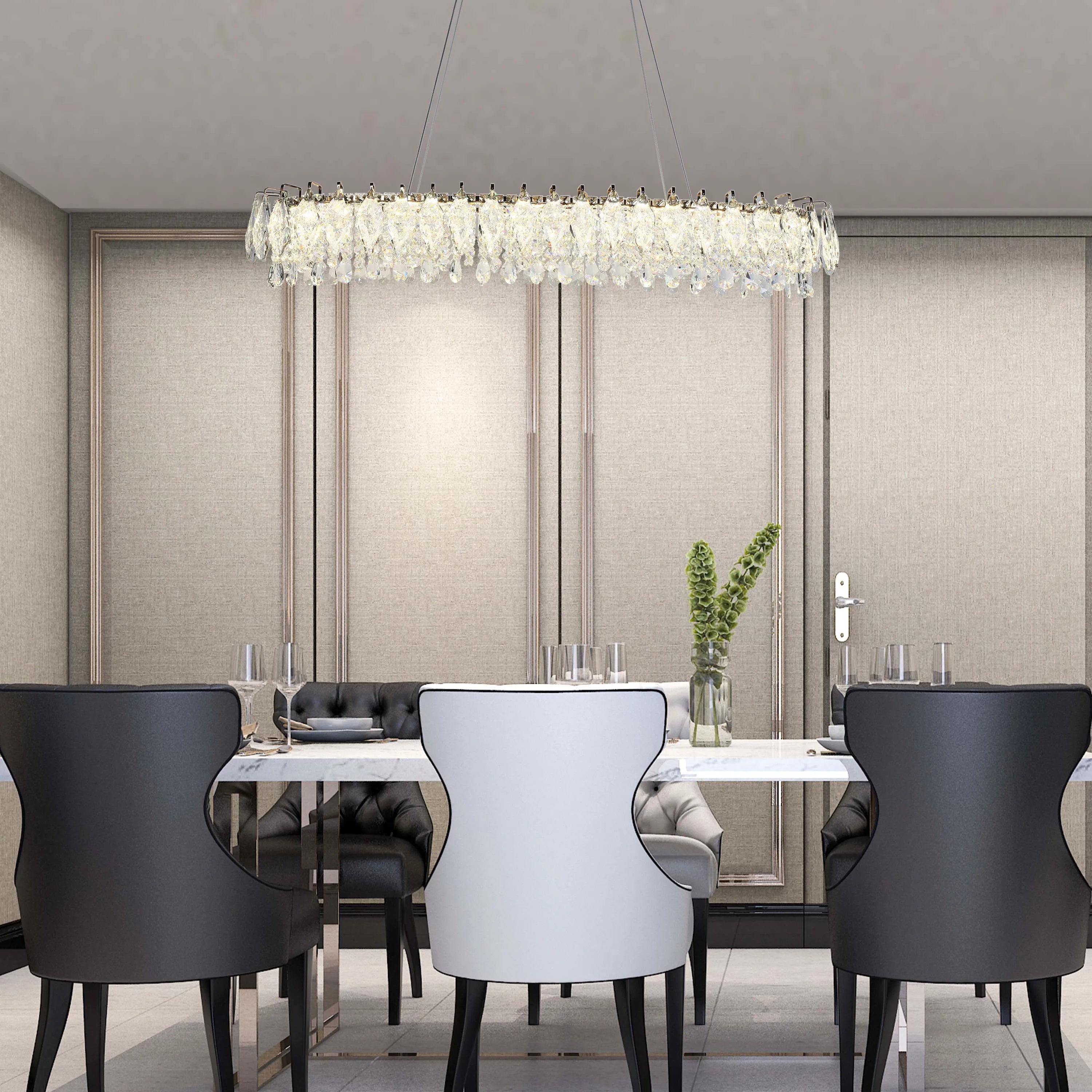 Candelabro de cristal dorado - Diseño circular u ovalado, LED SMD regulable con 3CCT, suspensión ajustable