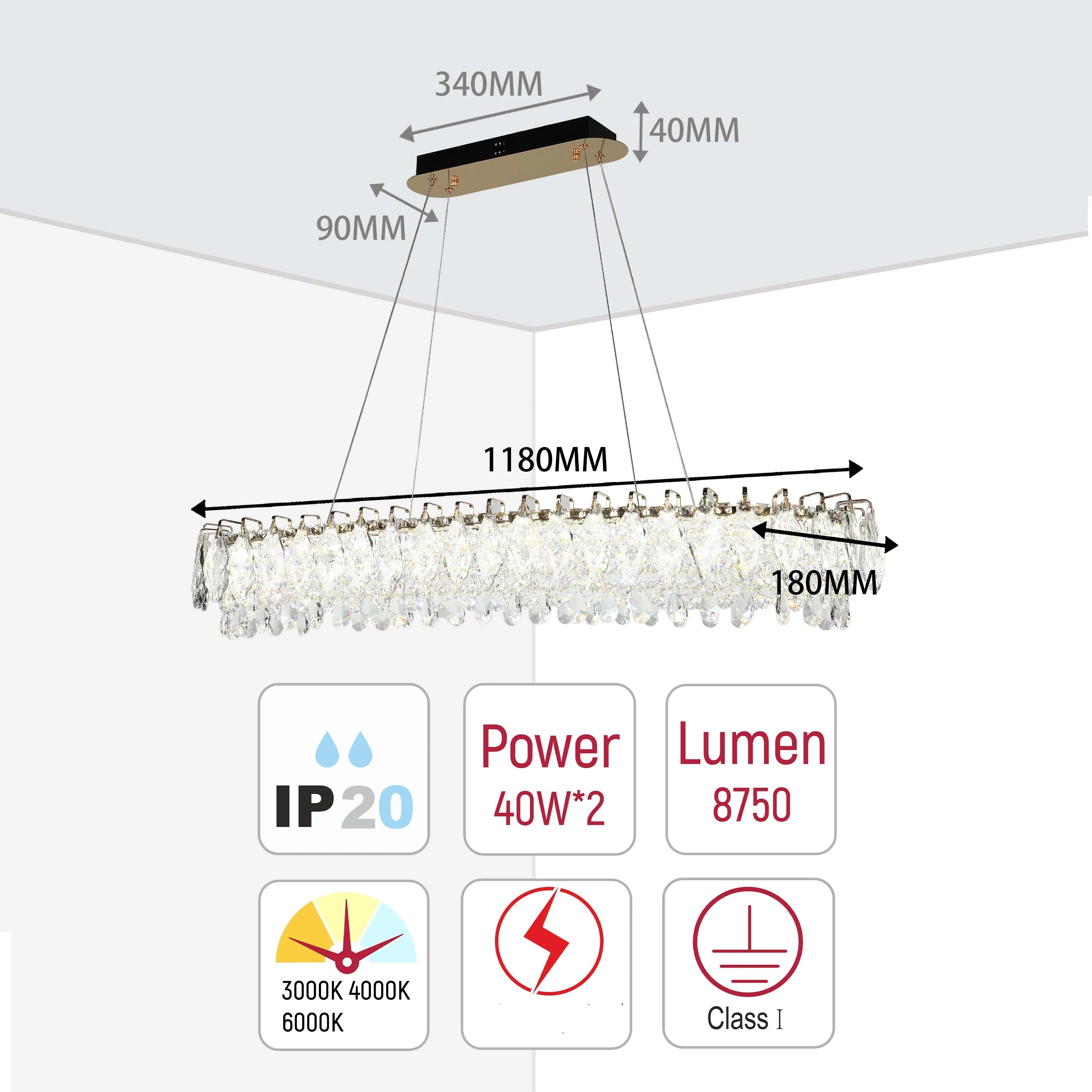 Candelabro de cristal dorado - Diseño circular u ovalado, LED SMD regulable con 3CCT, suspensión ajustable