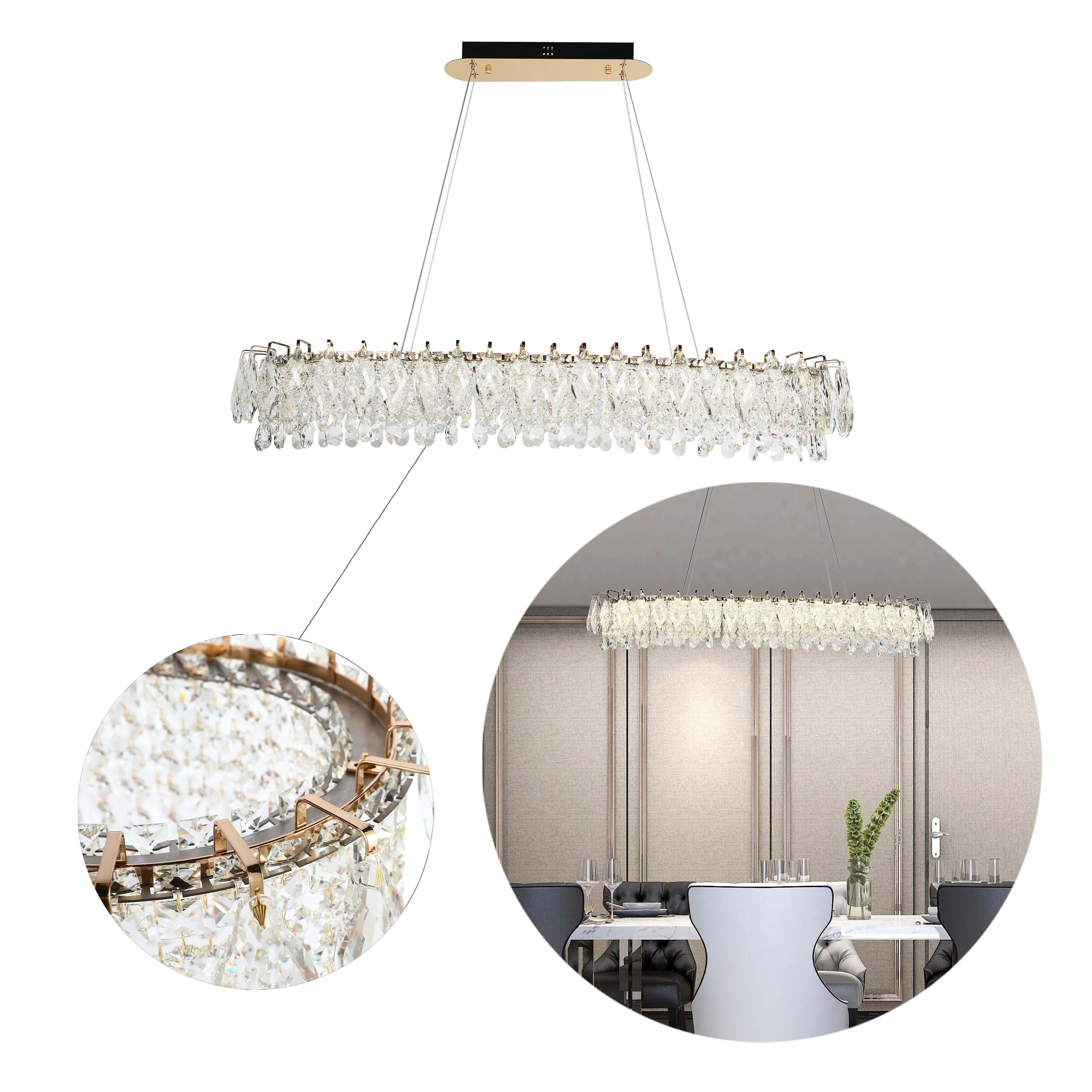 Candelabro de cristal dorado - Diseño circular u ovalado, LED SMD regulable con 3CCT, suspensión ajustable